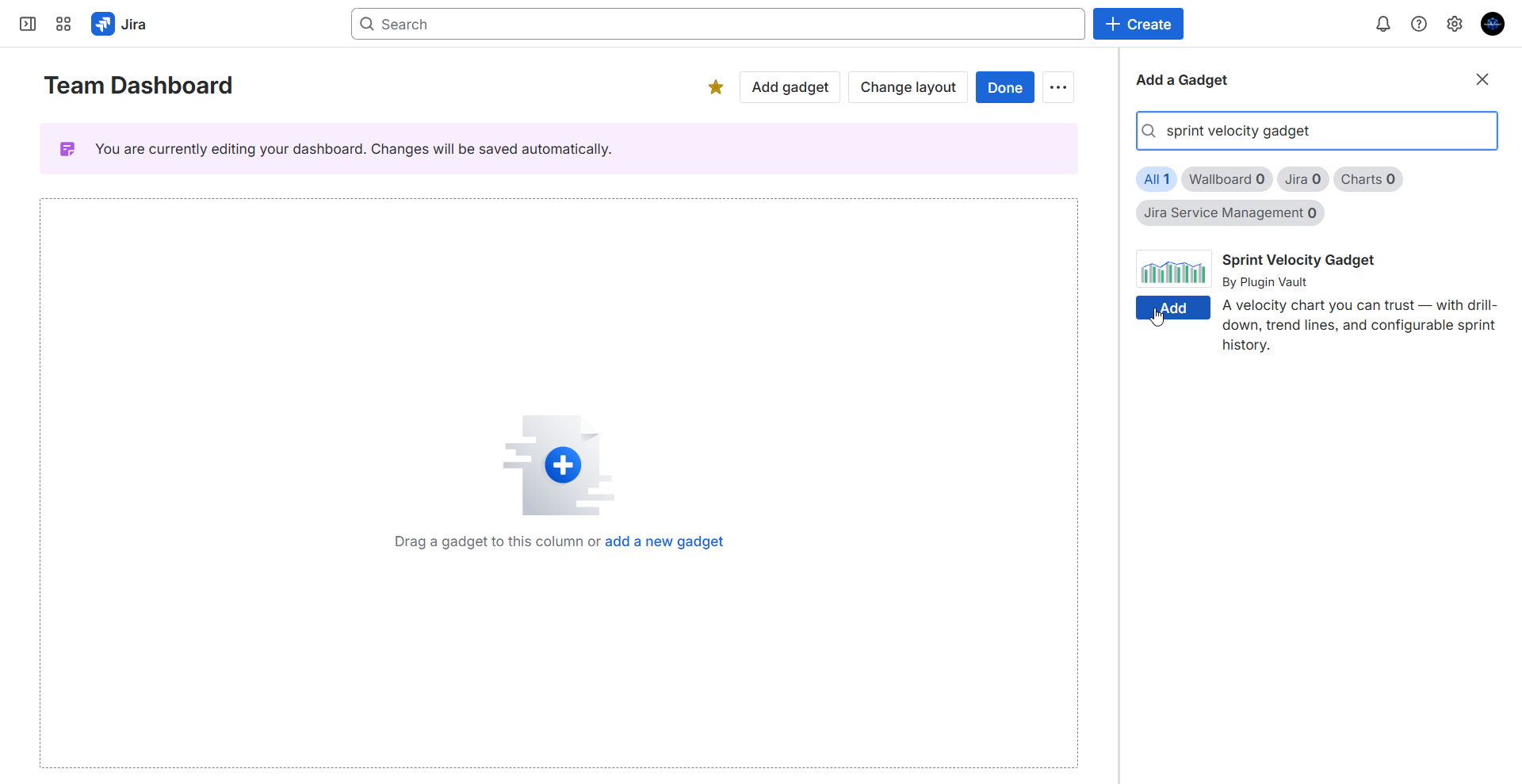 Jira dashboard showing the Add a Gadget panel with Sprint Velocity Gadget search result and Add button