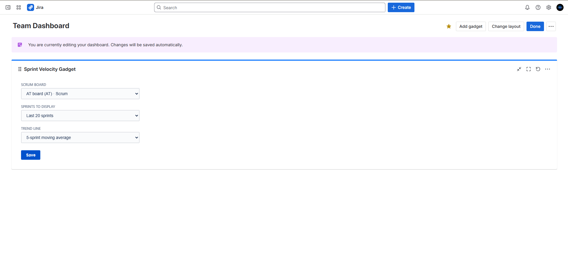 Sprint Velocity Gadget configuration screen showing Scrum Board, Sprints to Display, and Trend Line settings