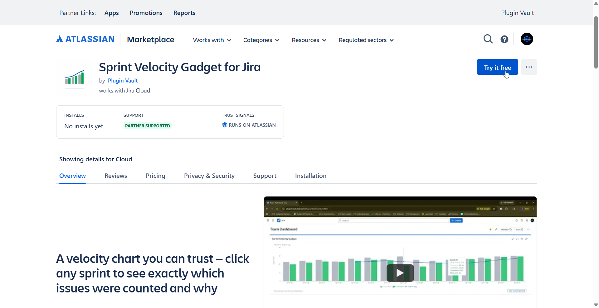 Atlassian Marketplace listing showing the Try it free button for Sprint Velocity Gadget
